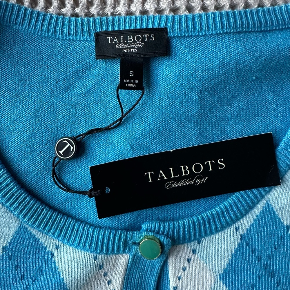 Talbots Blue Argyle Womens Small Silk Blend Sweater Preppy Academia Old Money - Picture 4 of 7